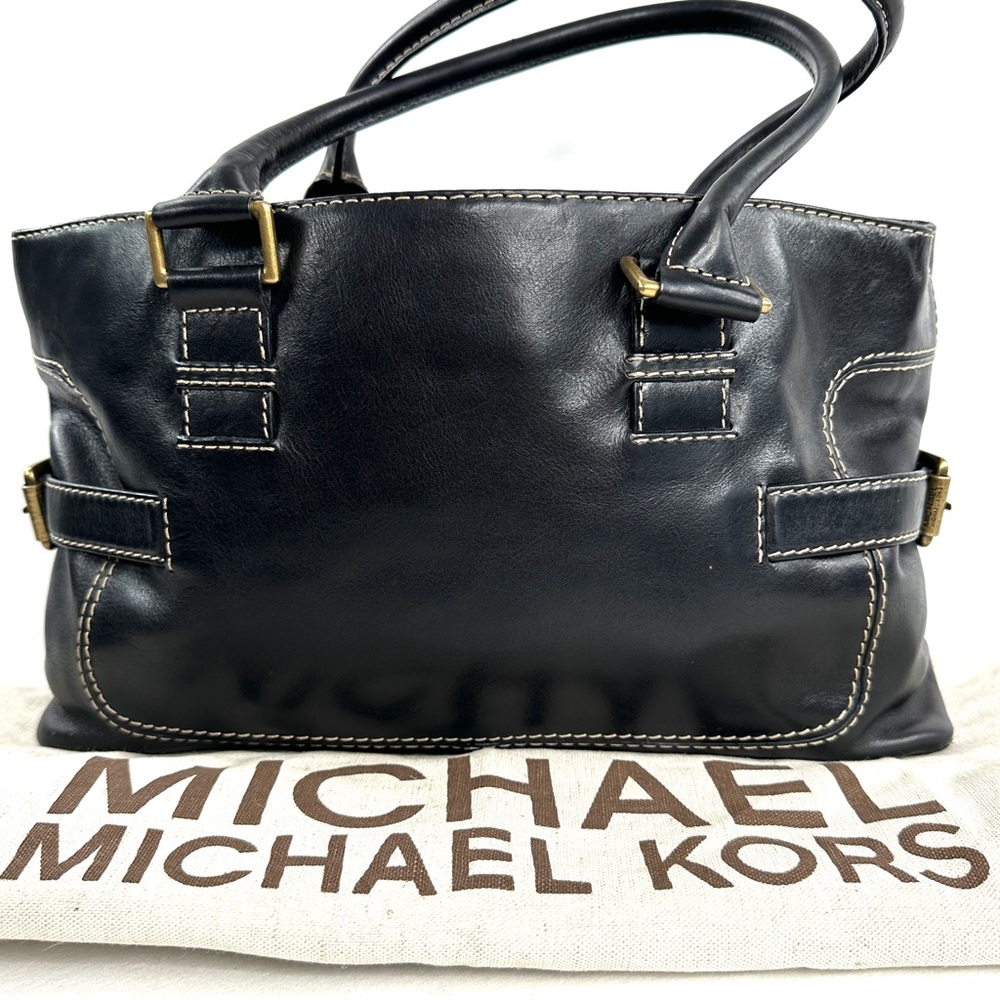 Michael Kors Black Leather Medium Shoulder Bag Side Belted Brass Logo Buckles - Picture 3 of 13